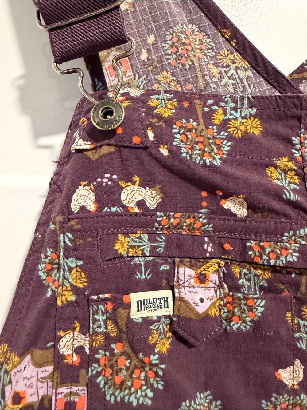 Duluth Trading Co Purple Chicken Print Overalls - Picture 4 of 8